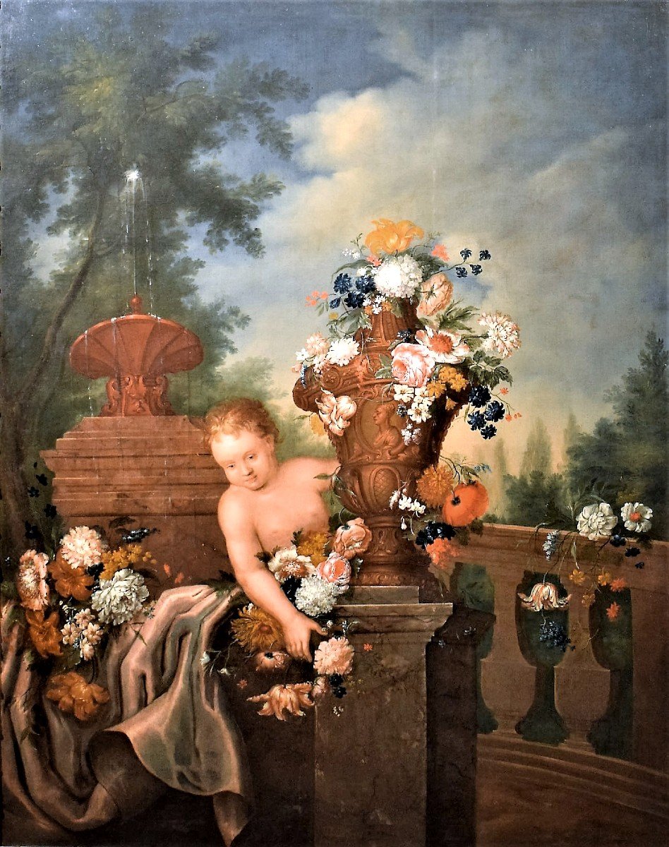 Natura Morta di fiori con Putto e Fontana -  Antonio Rapous (Torino 1733-1819) 