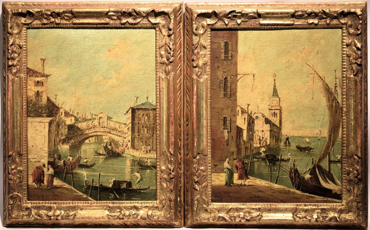 Coppia di Vedute Veneziane - maniera di Francesco Guardi, fine dell'800