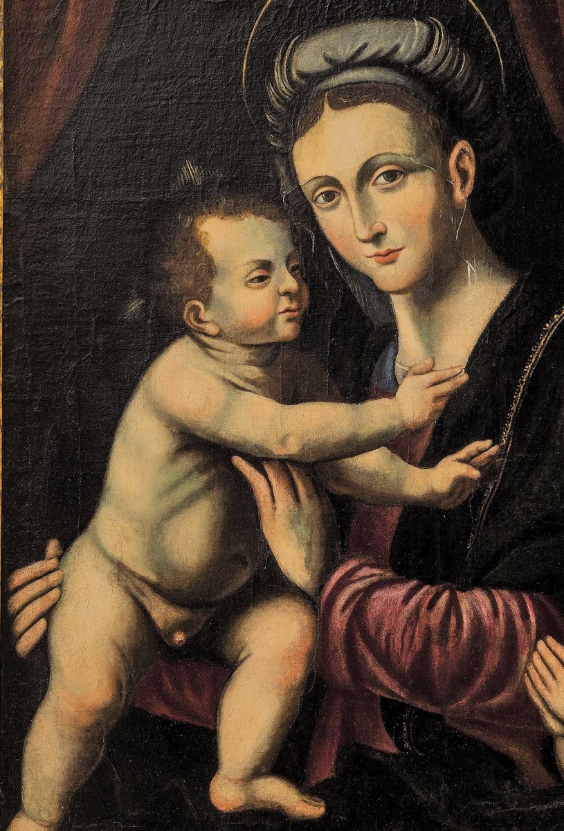 Vierge à l' Enfant, St. Jean Baptiste Et St. Anne - Renaissance Italienne -photo-3