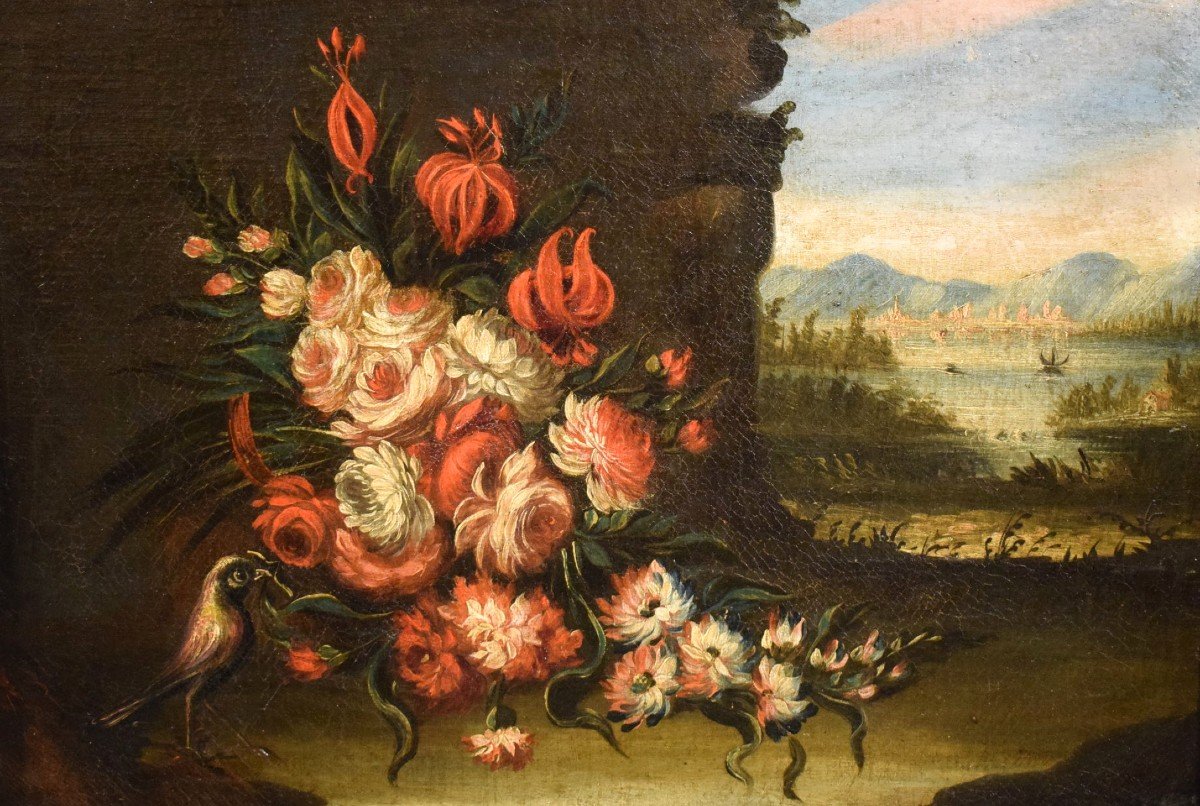 Coppia di Nature Morte di Fiori con  Paesaggi​​​  Veneti XVIII°-photo-3