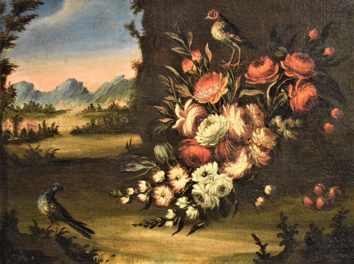 Coppia di Nature Morte di Fiori con  Paesaggi​​​  Veneti XVIII°-photo-2