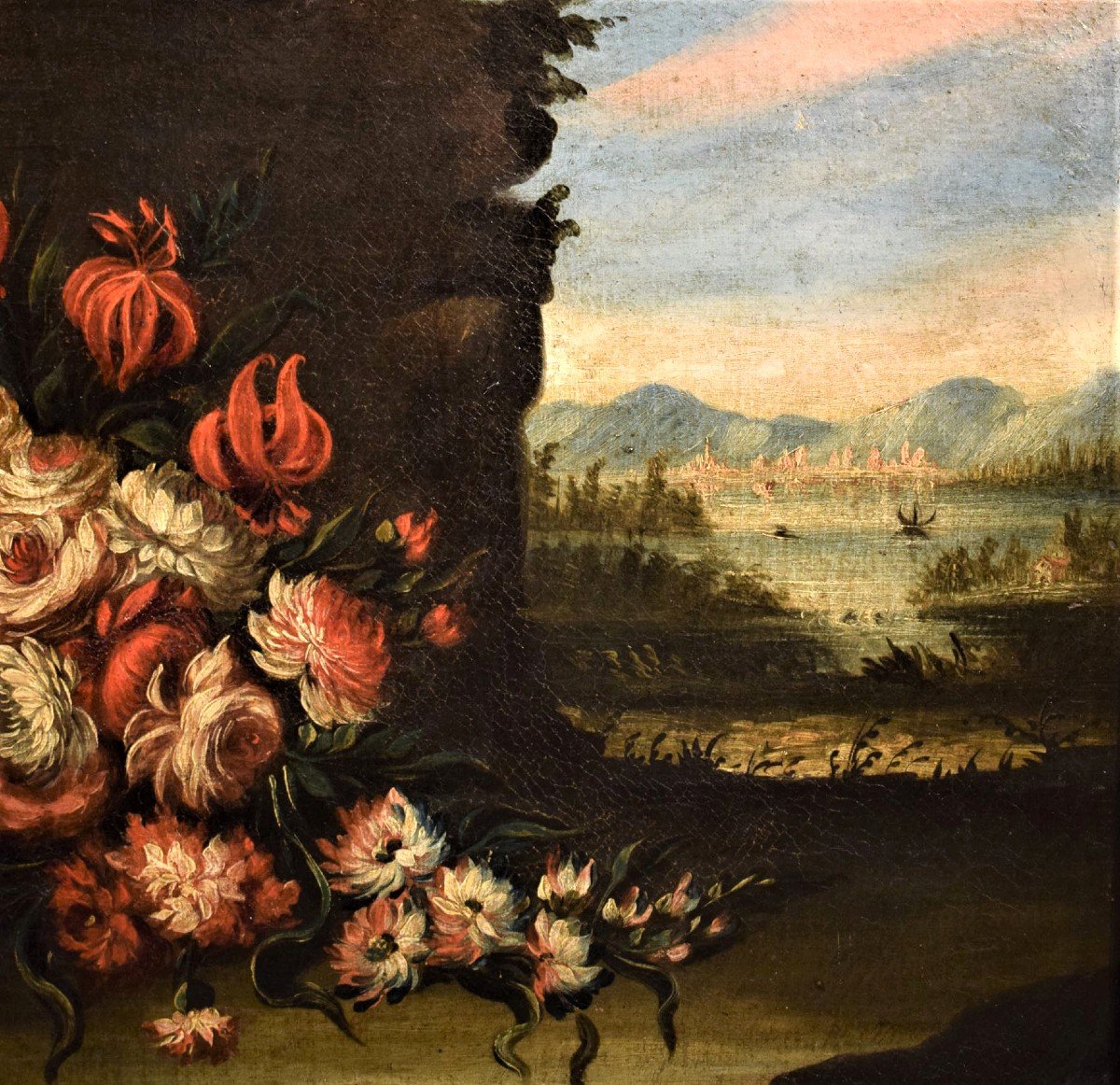 Coppia di Nature Morte di Fiori con  Paesaggi​​​  Veneti XVIII°-photo-1