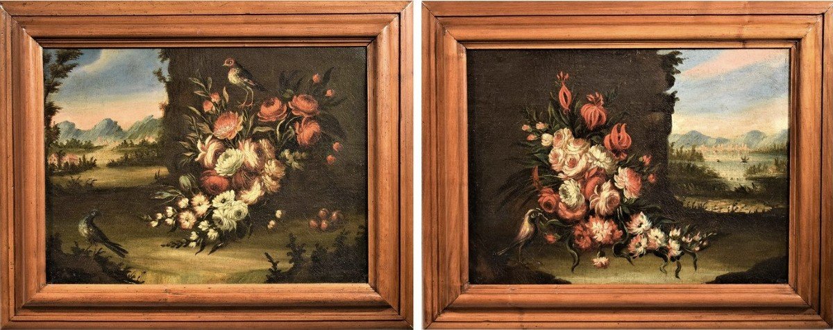 Coppia di Nature Morte di Fiori con  Paesaggi​​​  Veneti XVIII°