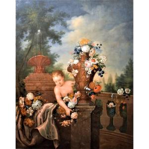 Natura Morta di fiori con Putto e Fontana -  Antonio Rapous (Torino 1733-1819) 