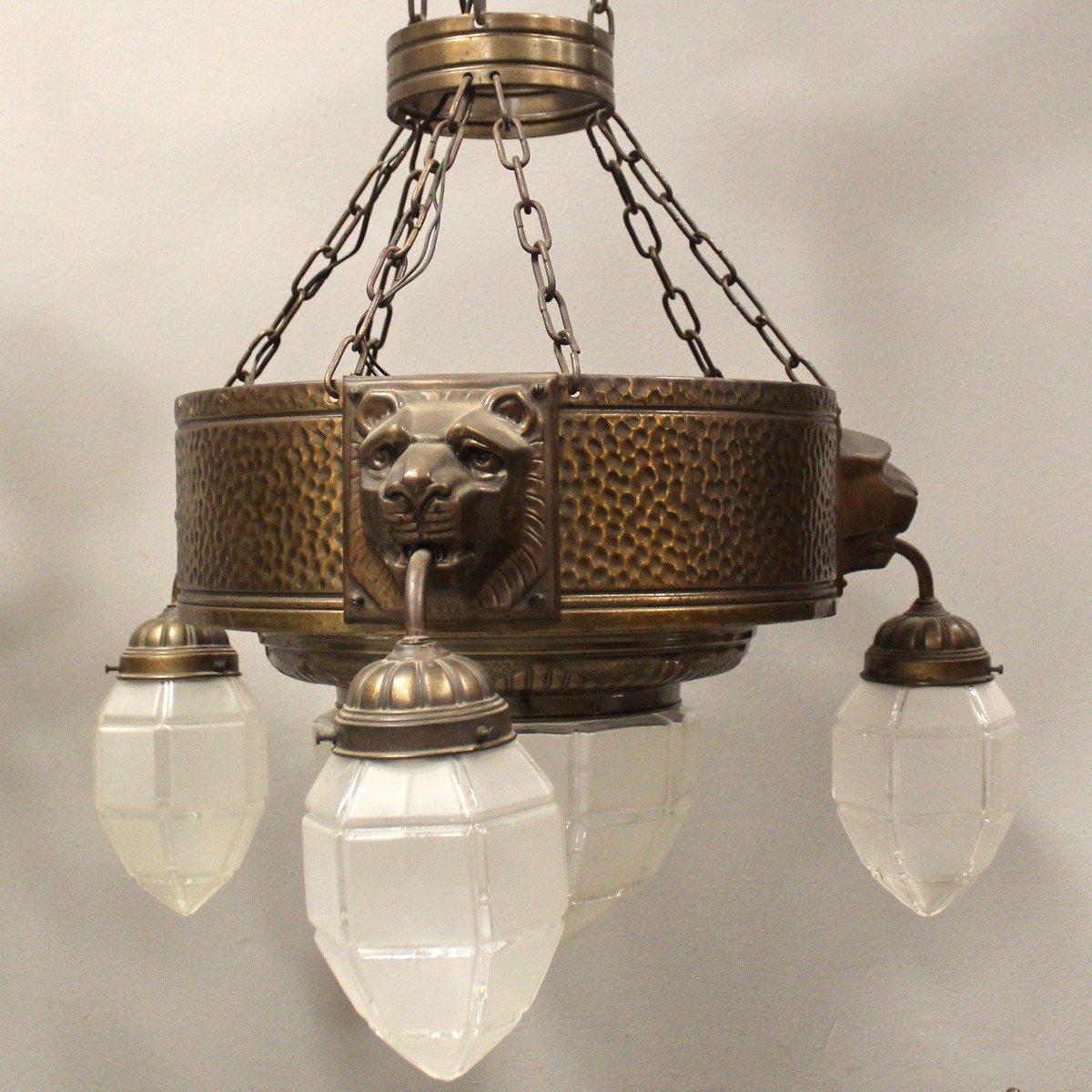 Antico Lampadario in rame e vetro a 4 luci - Italia 19°secolo-photo-4