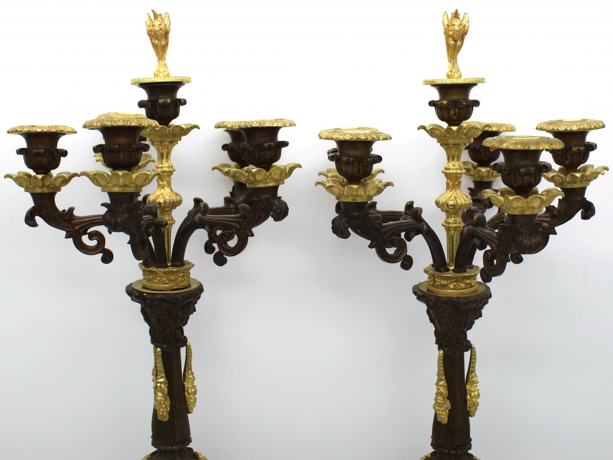 Ancien Paire de Chandeliers Candelabres Bougeoirs d'époque Empire (H.70) en bronze - du 19ème-photo-2