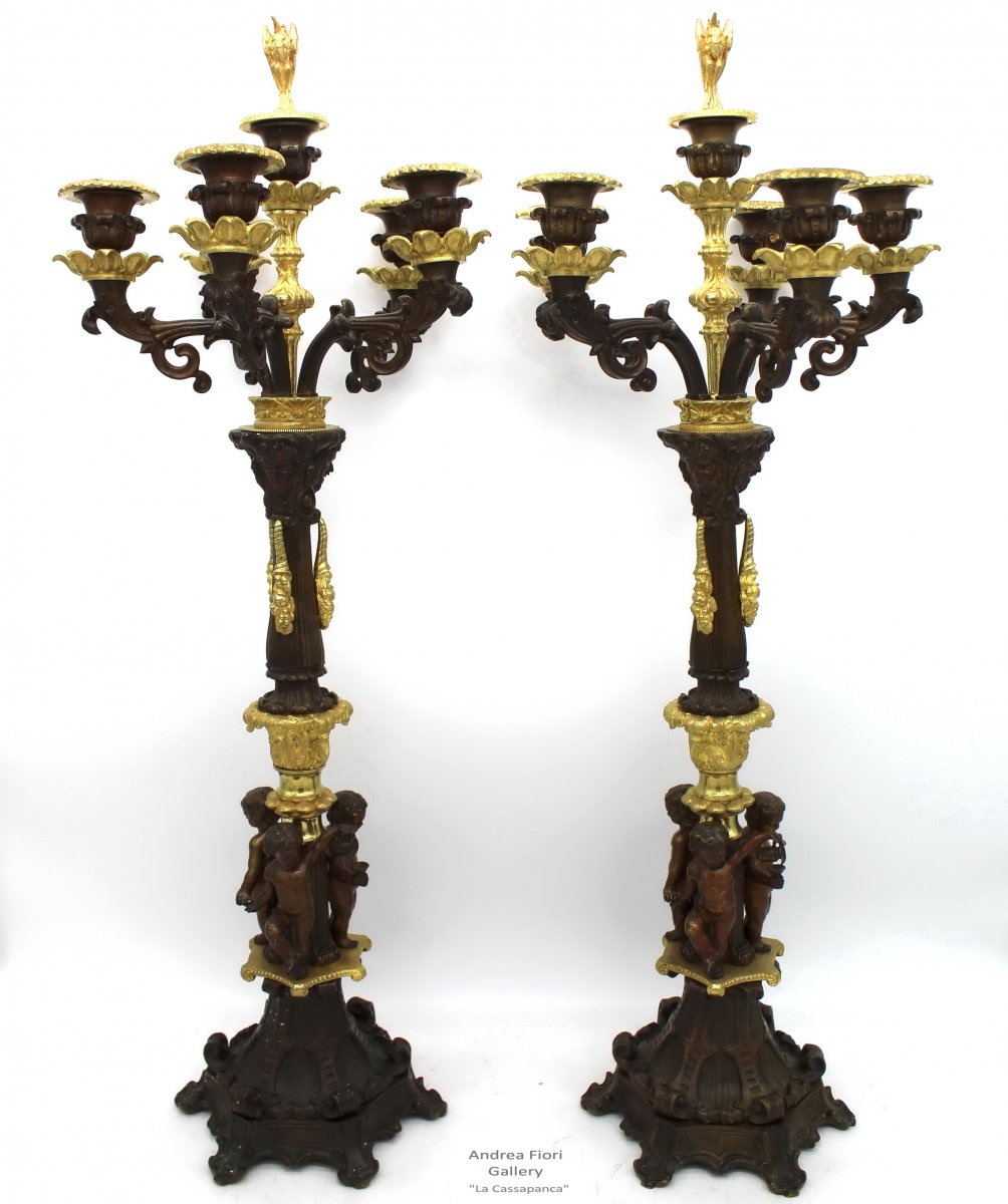 Ancien Paire de Chandeliers Candelabres Bougeoirs d'époque Empire (H.70) en bronze - du 19ème