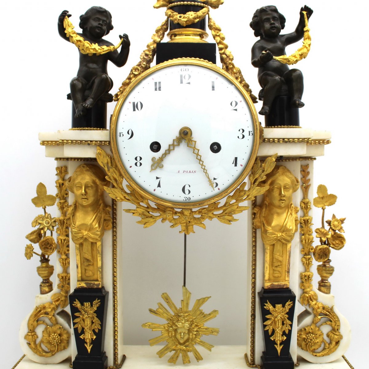 Ancien Horloge Pendule Portique d'époque Louis XVI en bronze dorè et marbre (H.63) - 18ème-photo-2