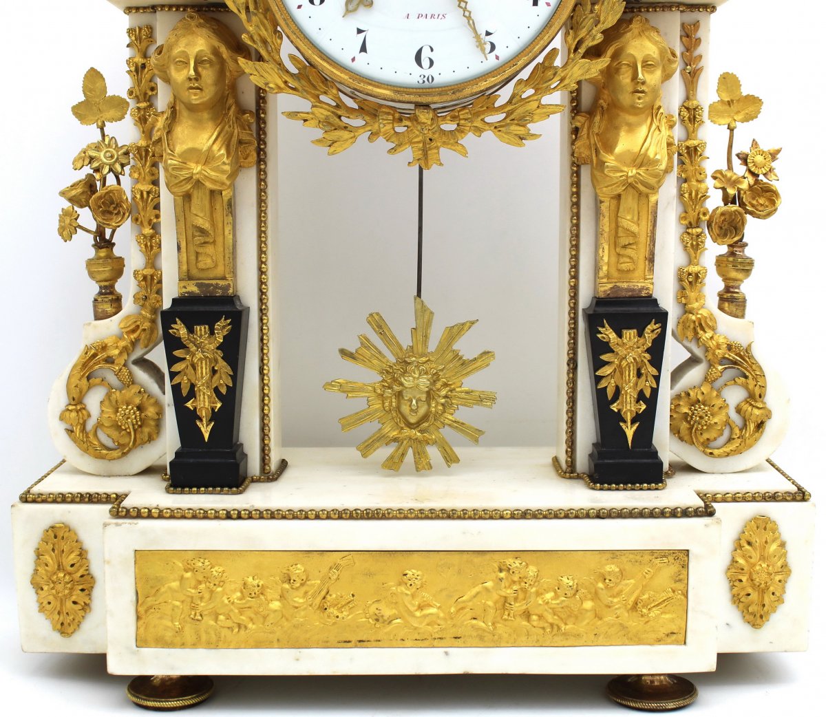 Ancien Horloge Pendule Portique d'époque Louis XVI en bronze dorè et marbre (H.63) - 18ème-photo-4