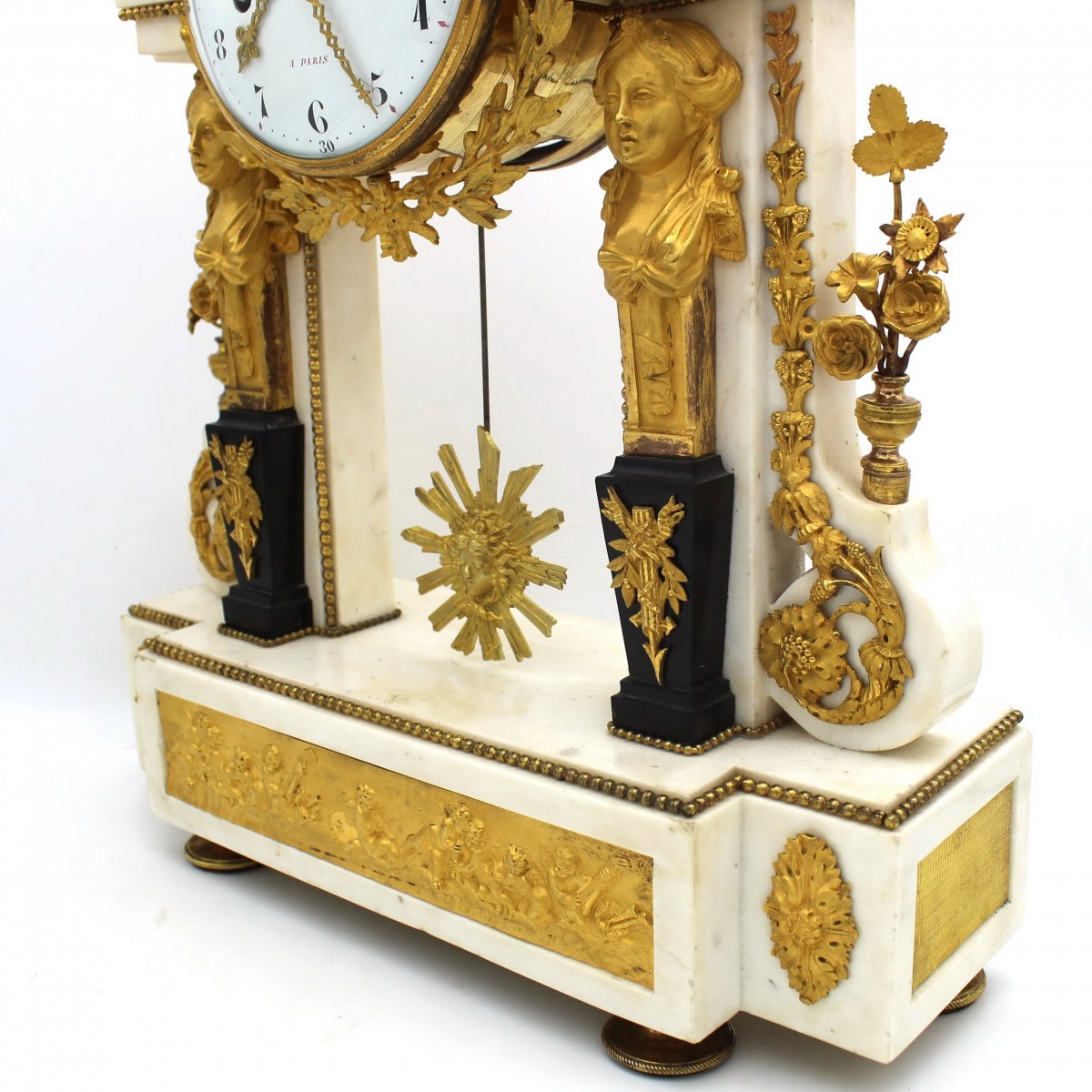 Ancien Horloge Pendule Portique d'époque Louis XVI en bronze dorè et marbre (H.63) - 18ème-photo-4