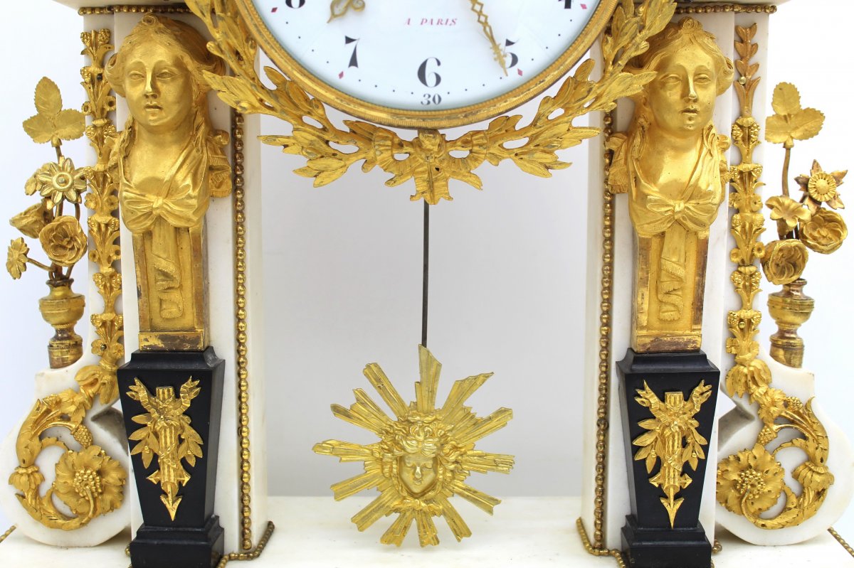 Ancien Horloge Pendule Portique d'époque Louis XVI en bronze dorè et marbre (H.63) - 18ème-photo-5