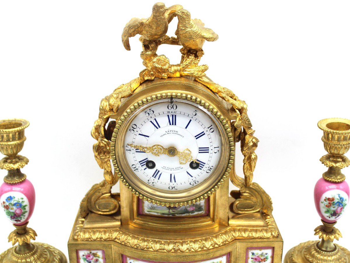 Ancien Garniture-Horloge Pendule et paire Chandeliers Napoleon III bronze doré Porcelaine 19ème-photo-4