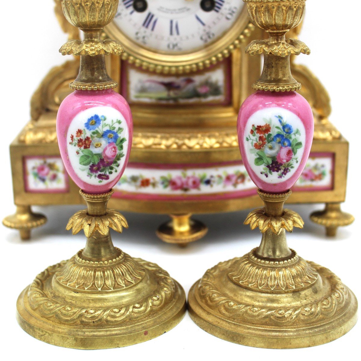 Ancien Garniture-Horloge Pendule et paire Chandeliers Napoleon III bronze doré Porcelaine 19ème-photo-3