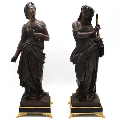 Ancien Paire de Sculpture en Bronze Napoleon III le Muses Clio et Terpsichore - 19ème