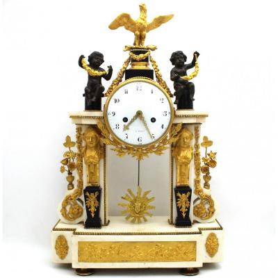 Ancien Horloge Pendule Portique d'époque Louis XVI en bronze dorè et marbre (H.63) - 18ème