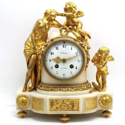 Antico Orologio a Pendolo Napoleone III in bronzo dorato e marmo - 19°secolo firmato