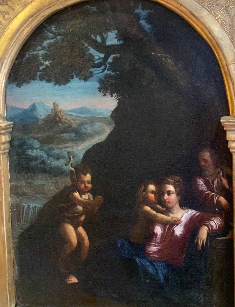 SACRA FAMIGLIA - ambito di Girolamo da Carpi - dipinto su tela XVI SECOLO-photo-3