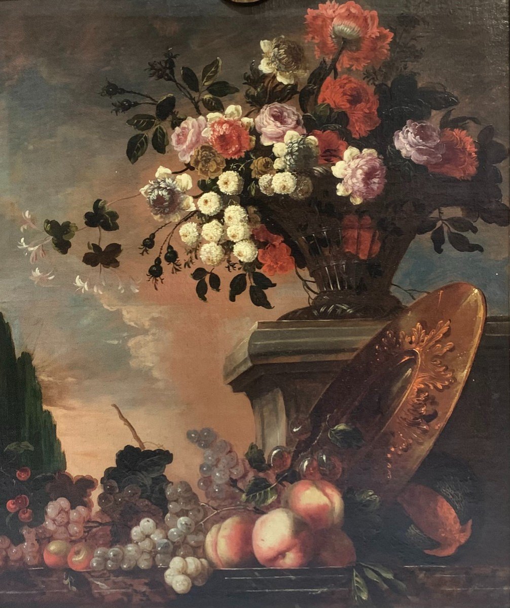 Dipinto su tela "Natura morta con vaso di fiori e frutta" attribuito a Gaspar Lopez