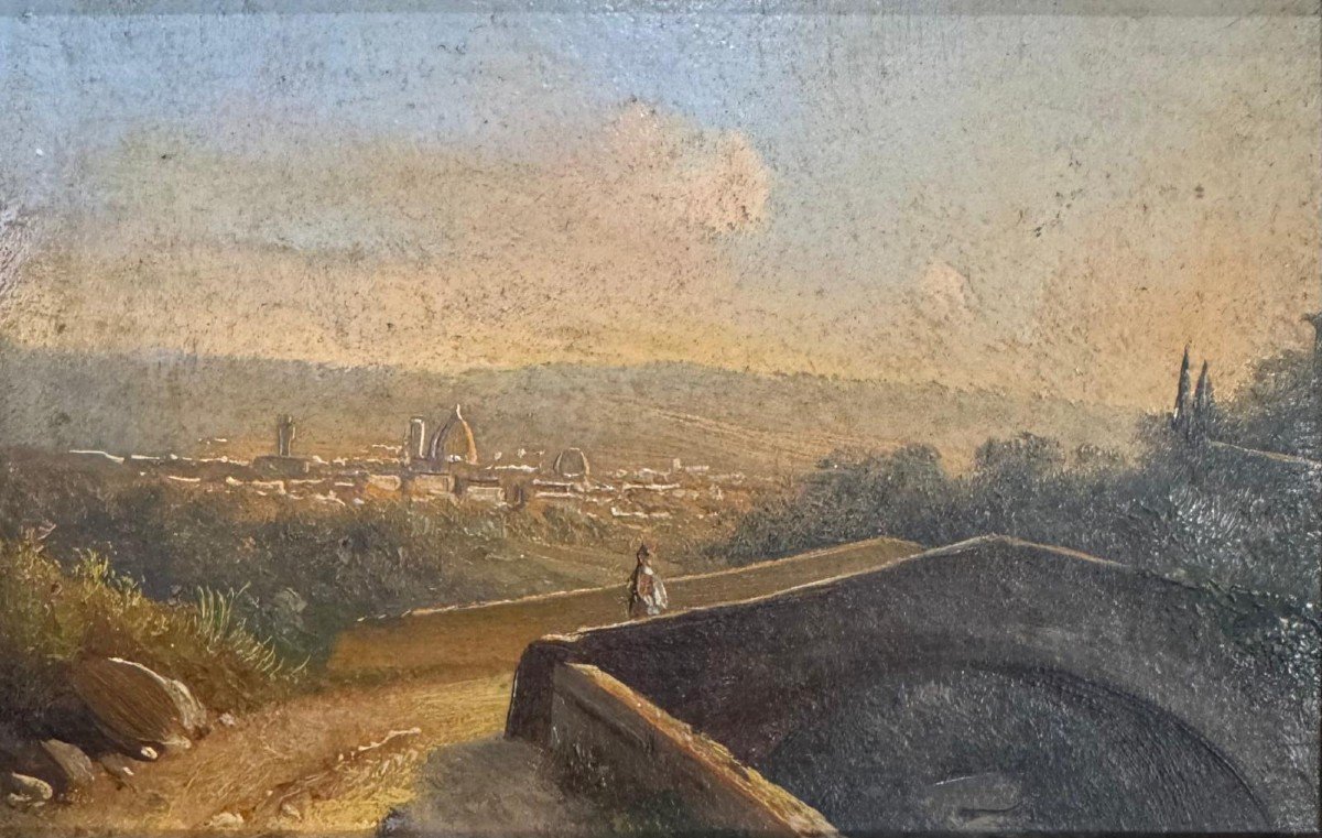 Coppia di piccoli dipinti "Veduta su Firenze" e "Veduta su Pisa" - XIX Secolo-photo-2