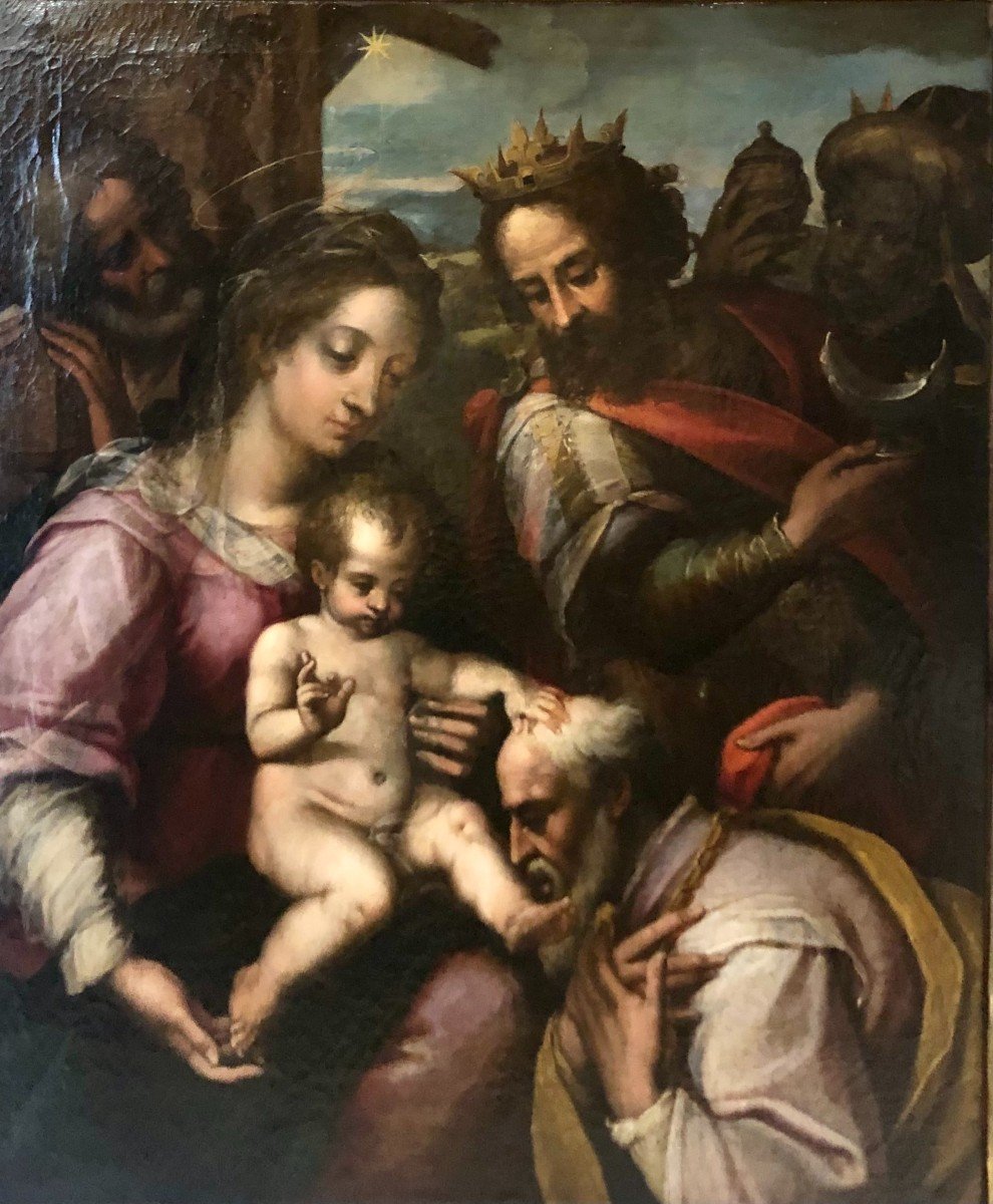 SACRA FAMIGLIA CON ADORAZIONE DEI MAGI - dipinto ad olio su tela attr. ad Alessandro Casolani-photo-1