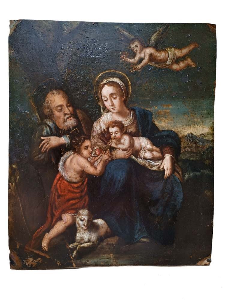 Grande dipinto ad olio su rame raffigurante sacra famiglia. Italia, inizio XVII secolo.-photo-2