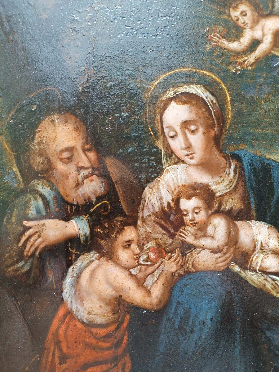 Grande dipinto ad olio su rame raffigurante sacra famiglia. Italia, inizio XVII secolo.-photo-3