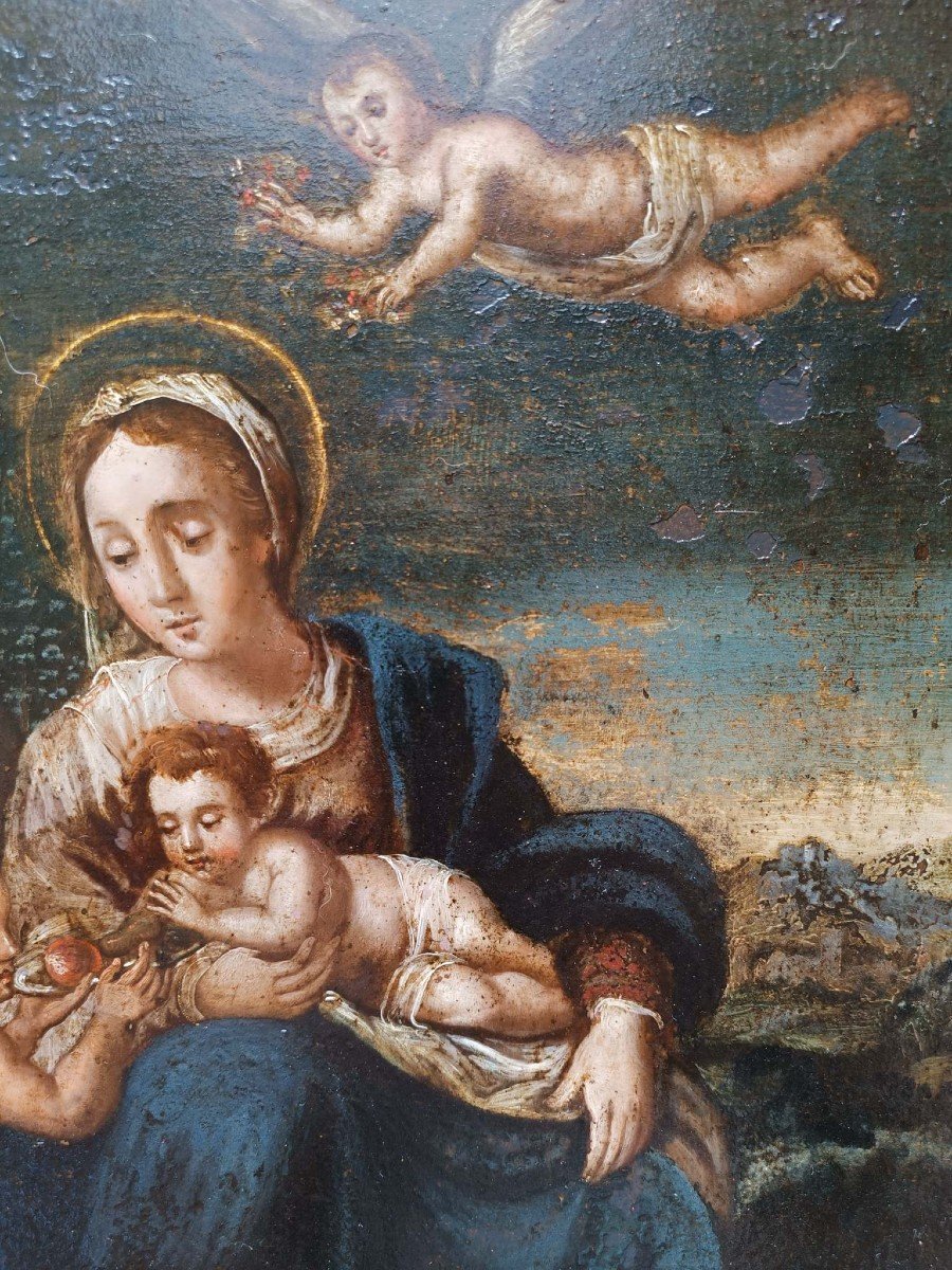 Grande dipinto ad olio su rame raffigurante sacra famiglia. Italia, inizio XVII secolo.-photo-4