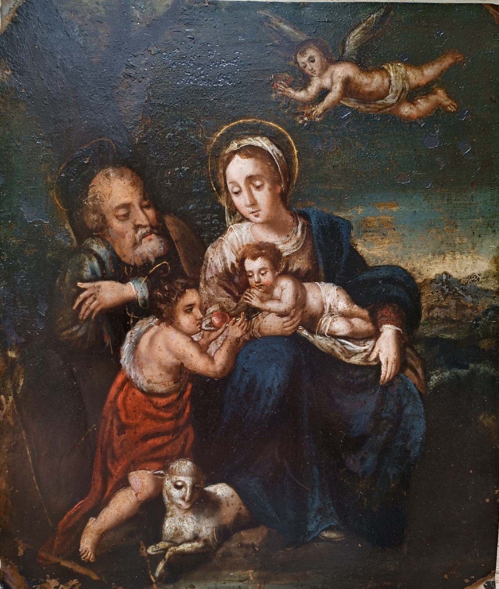 Grande dipinto ad olio su rame raffigurante sacra famiglia. Italia, inizio XVII secolo.