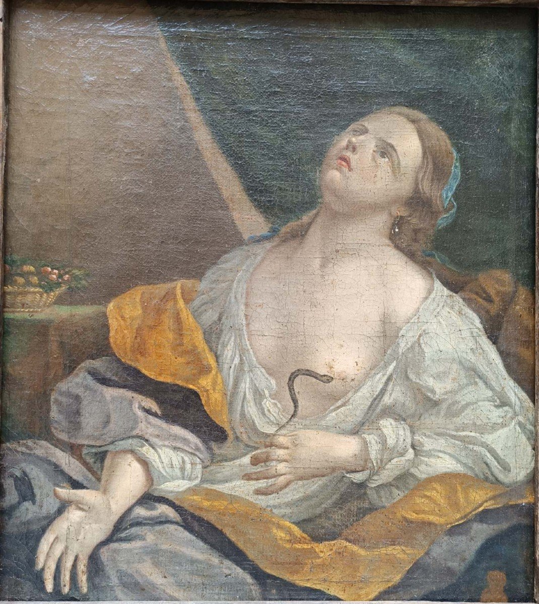 Dipinto ad olio su tela raffigurante suicidio di Cleopatra. Emilia,XVII secolo.