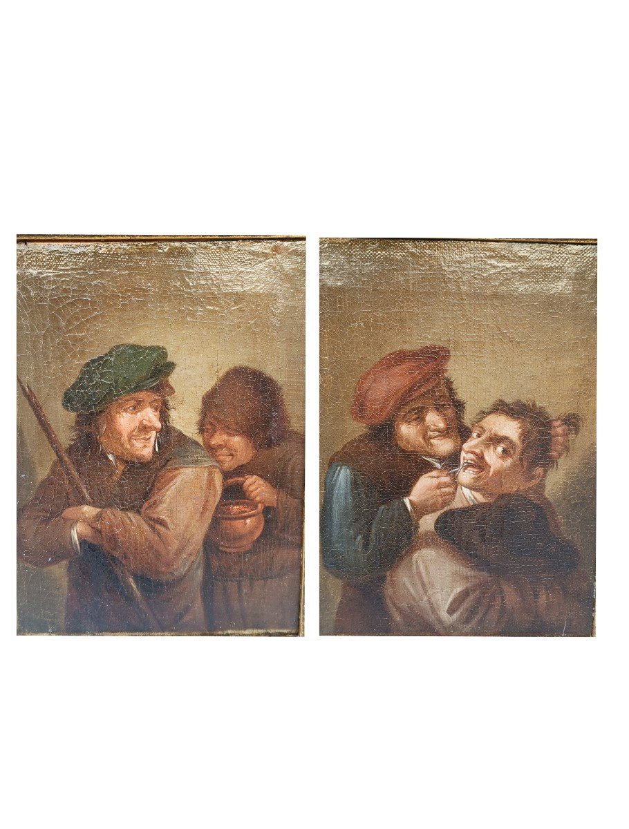 Coppia di dipinti ad olio su tela raffiguranti scene burlesche.Fiandre,XVIII secolo.