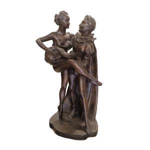 Georg Jensen(1866-1935).Grande Scultura in bronzo raffigurante coppia di ballerini,inizio XX.