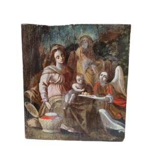 Piccolo dipinto olio su tavola raffigurante sacra famiglia. Italia,XVII secolo.