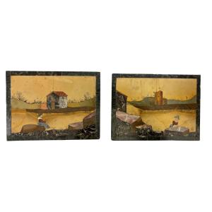 Coppia di placche fiorentine in pietra dura montate su ardesia