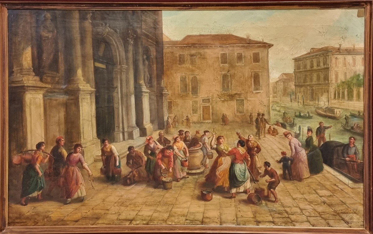 Dipinto firmato Giacomelli, 1888 – Scena di vita veneziana a San Stae