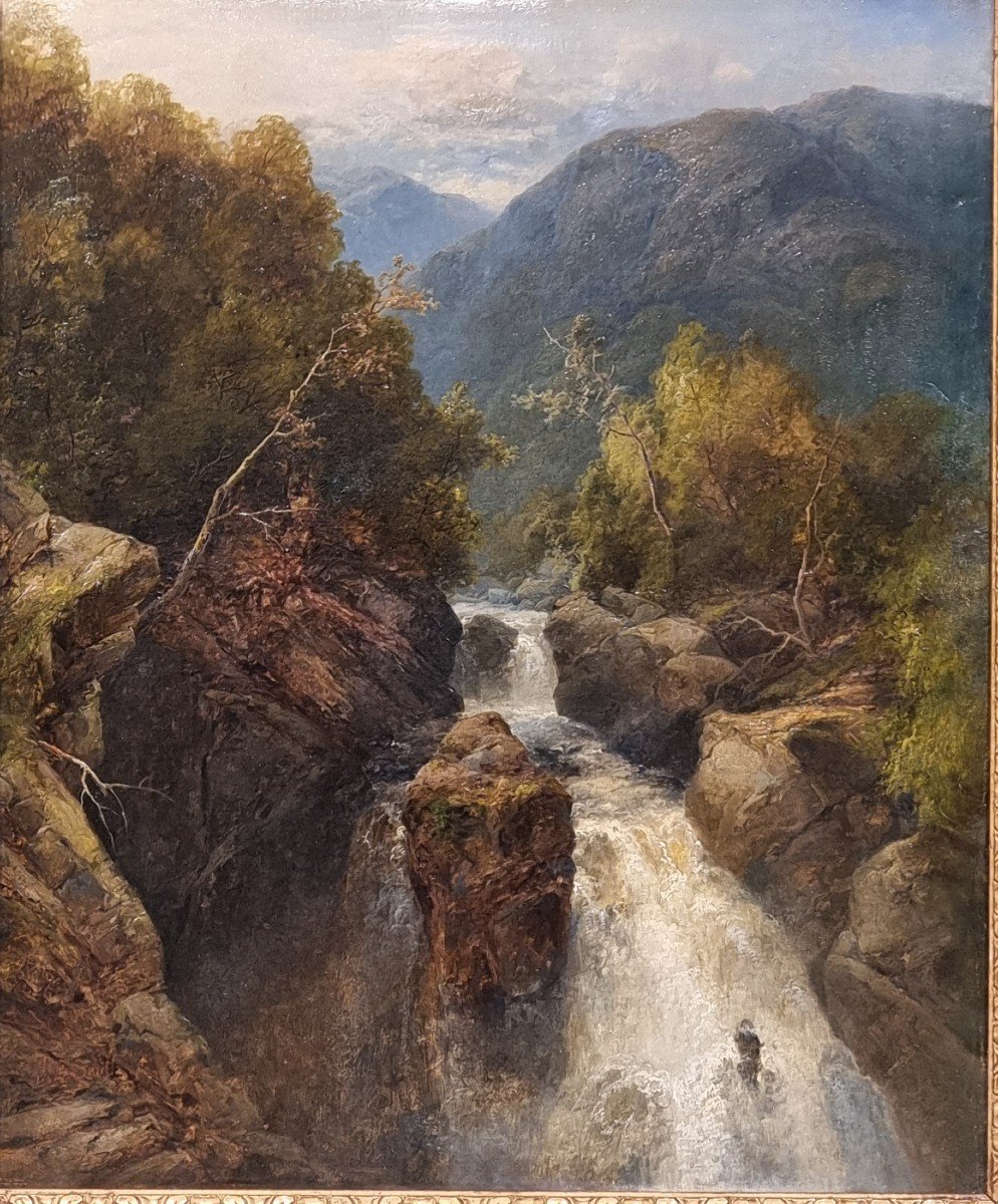 Paesaggio con cascata firmato James Burrell Smith