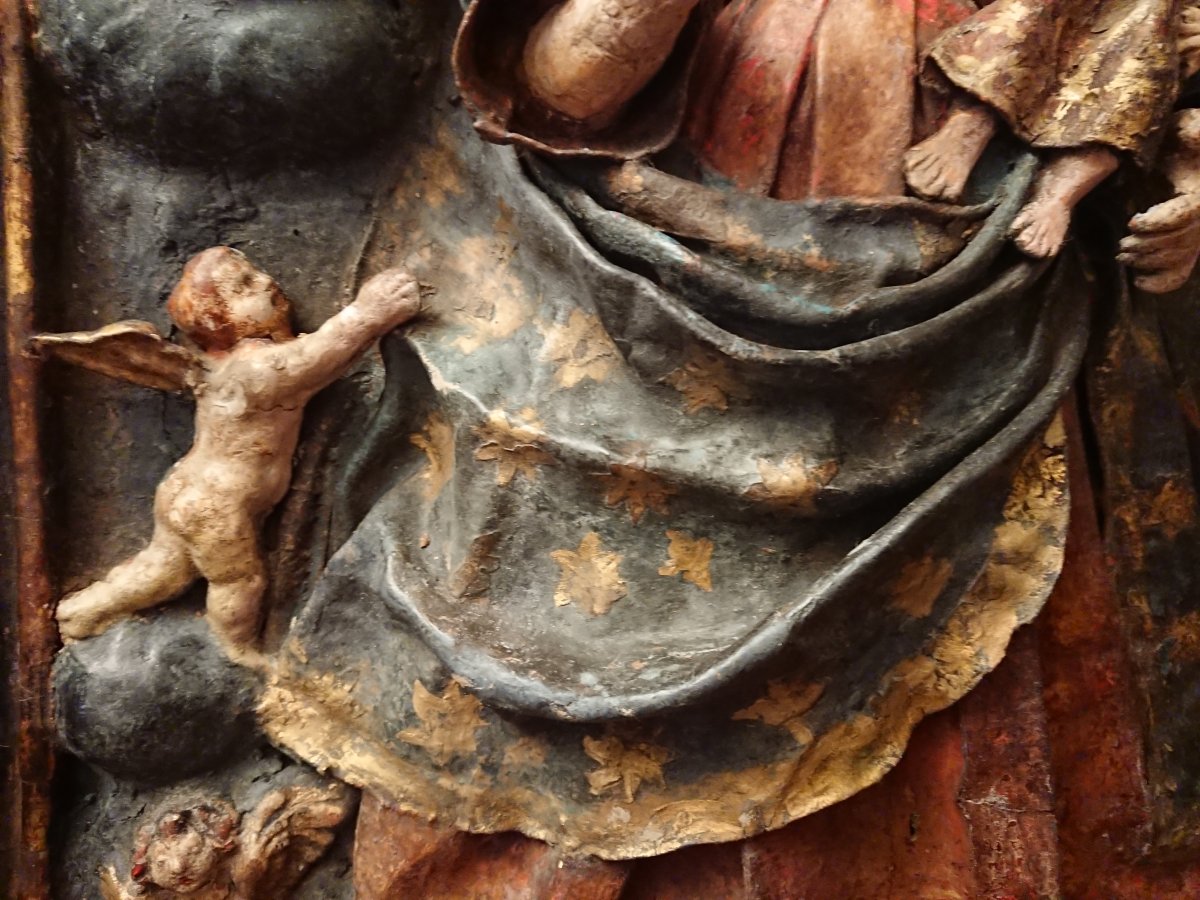 La Vierge Et l'Enfant En Gloire. Bas-relief En Papier Maché Et Bois Peint. Espagne XVIIe Siècle-photo-2