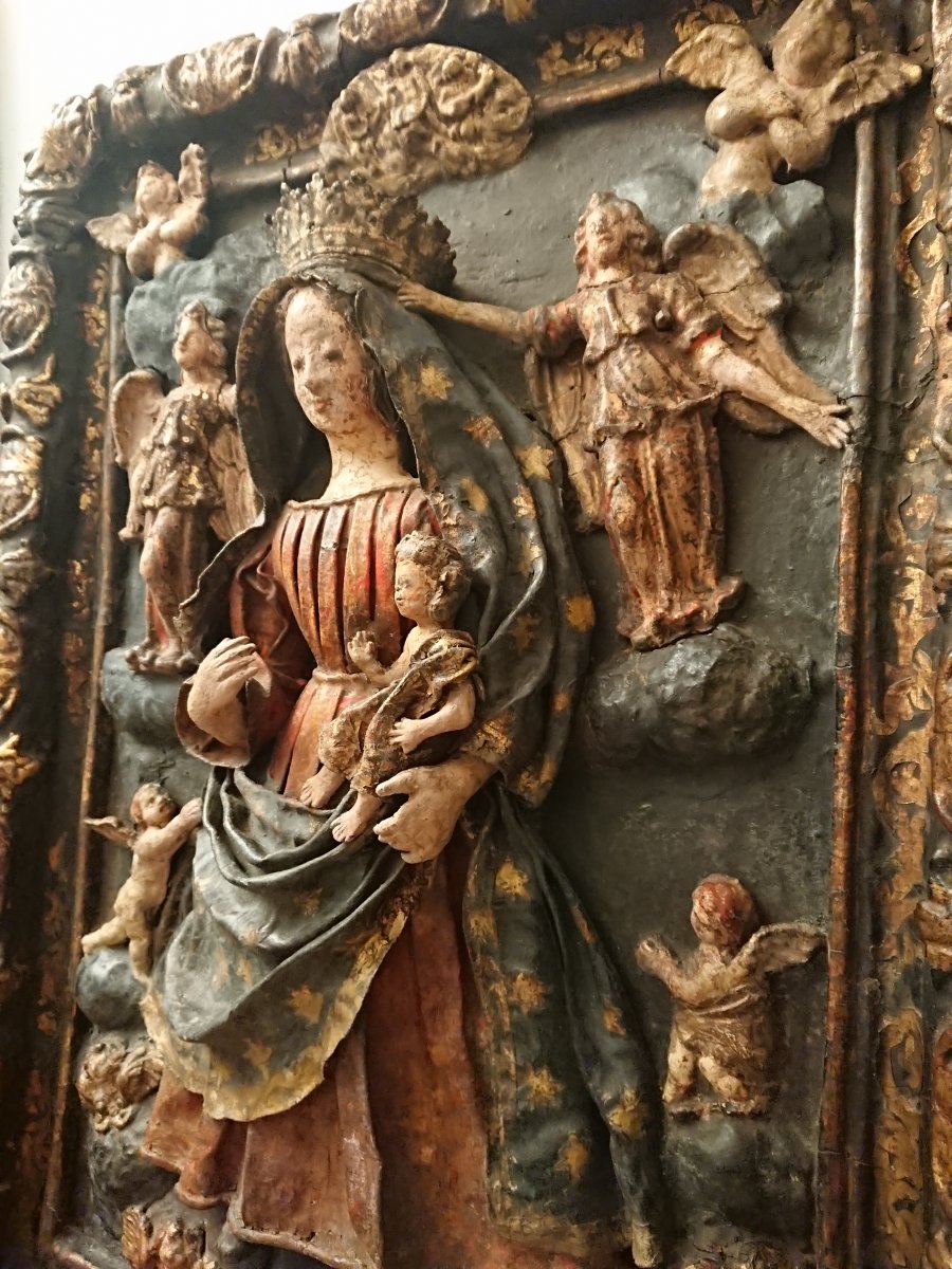 La Vierge Et l'Enfant En Gloire. Bas-relief En Papier Maché Et Bois Peint. Espagne XVIIe Siècle-photo-5