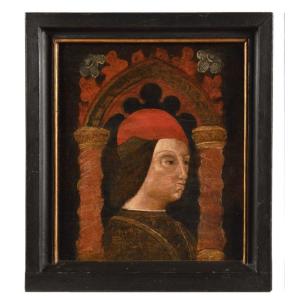 Bonifacio Bembo (bottega o seguace di) Ritratto maschile dentro cornice tardogotica 1470-80