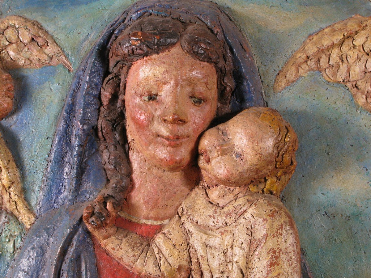 Madonna con Bambino, tondo in terracotta policroma del XX° secolo-photo-1