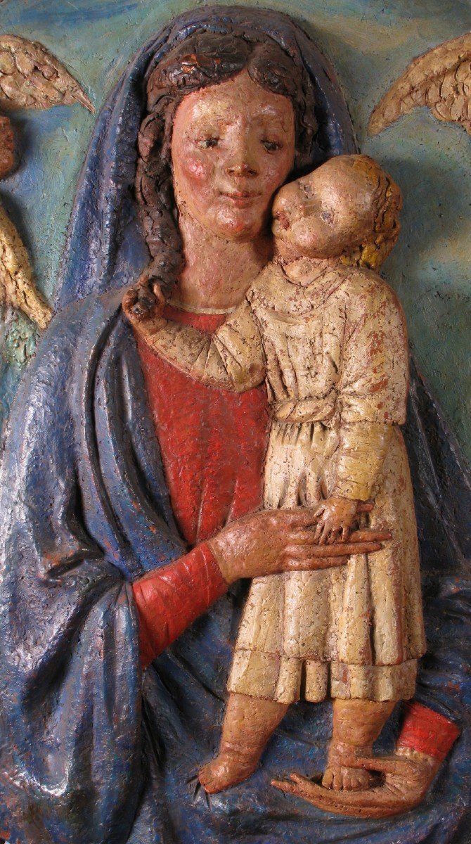 Madonna con Bambino, tondo in terracotta policroma del XX° secolo-photo-2