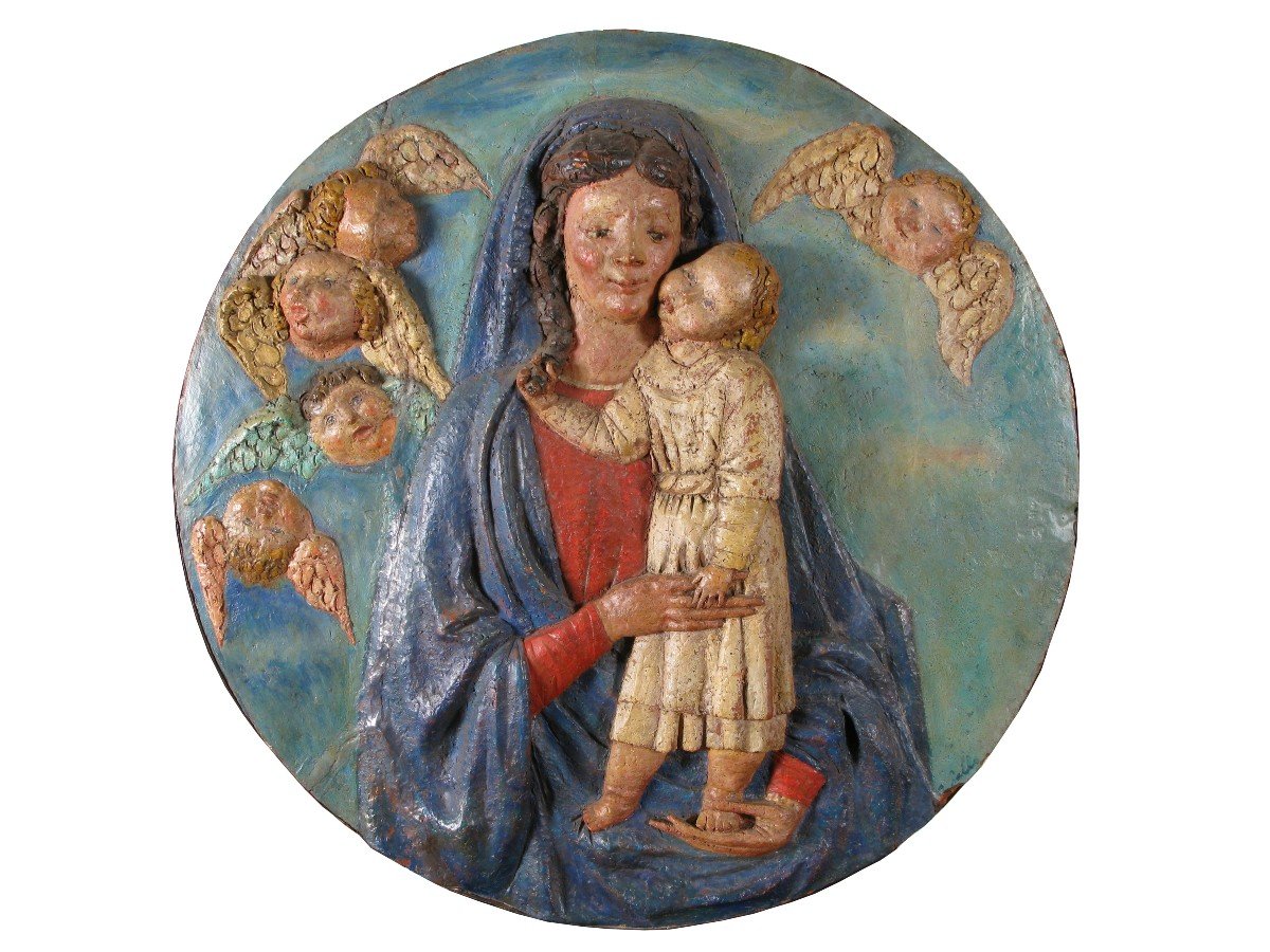 Madonna con Bambino, tondo in terracotta policroma del XX° secolo-photo-4