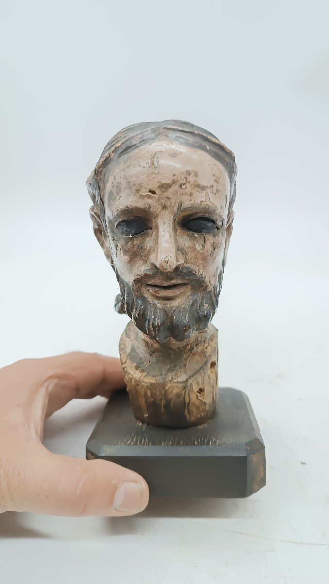 SCULTURA ANTICA TESTA CRISTO IN LEGNO POLICROMO XVIII SECOLO ITALIA-photo-1