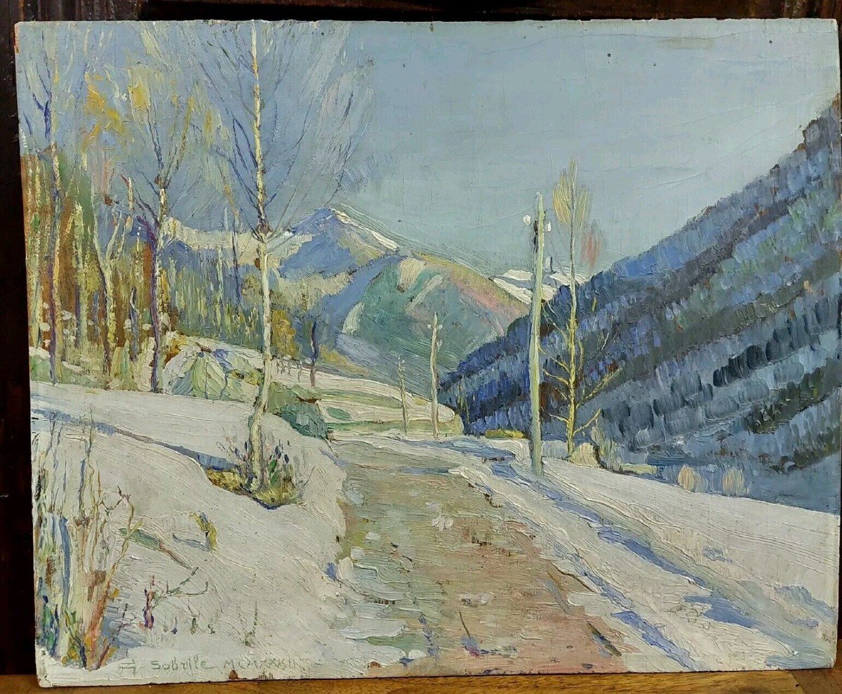 GIUSEPPE SOBRILE OLIO SU TAVOLA 1932 STRADA INNEVATA FIRMATO-photo-2