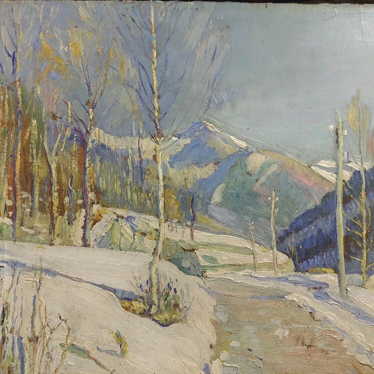 GIUSEPPE SOBRILE OLIO SU TAVOLA 1932 STRADA INNEVATA FIRMATO-photo-3