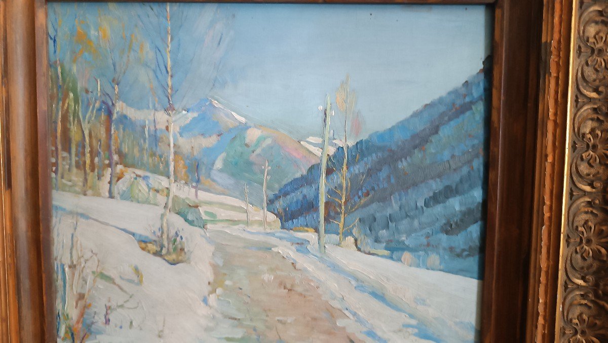 GIUSEPPE SOBRILE OLIO SU TAVOLA 1932 STRADA INNEVATA FIRMATO-photo-7