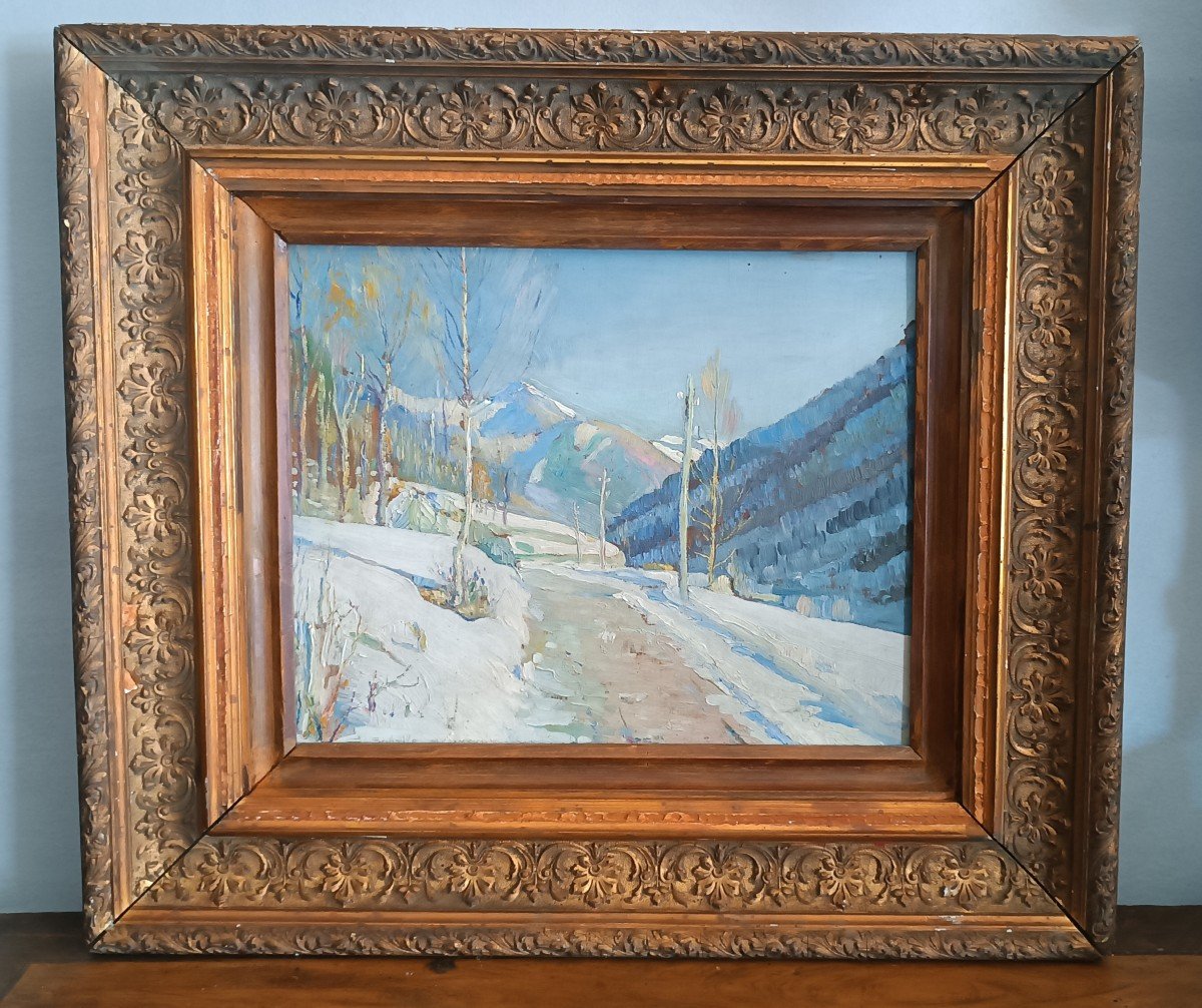 GIUSEPPE SOBRILE OLIO SU TAVOLA 1932 STRADA INNEVATA FIRMATO