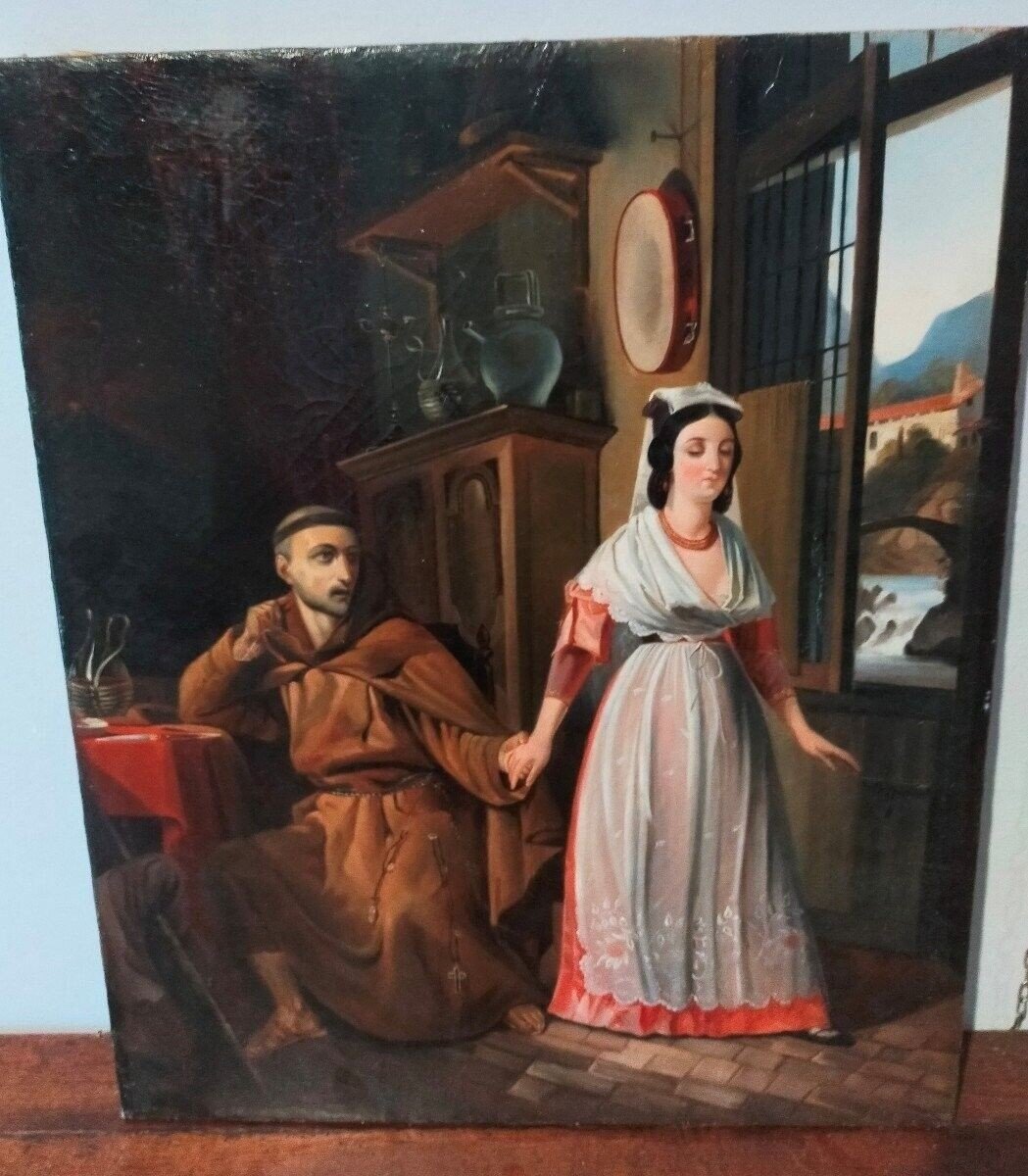 Antico dipinto  800 XIX secolo scuola italiana scena galante  romanticismo