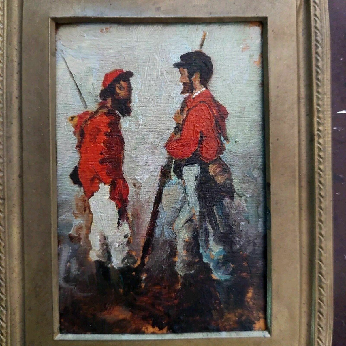 Dipinto olio su tavoletta raffigurante soldati garibaldini primi 900 Italia-photo-3