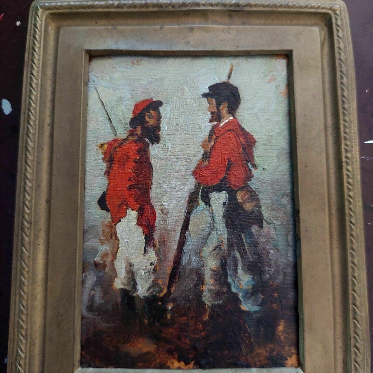 Dipinto olio su tavoletta raffigurante soldati garibaldini primi 900 Italia-photo-2