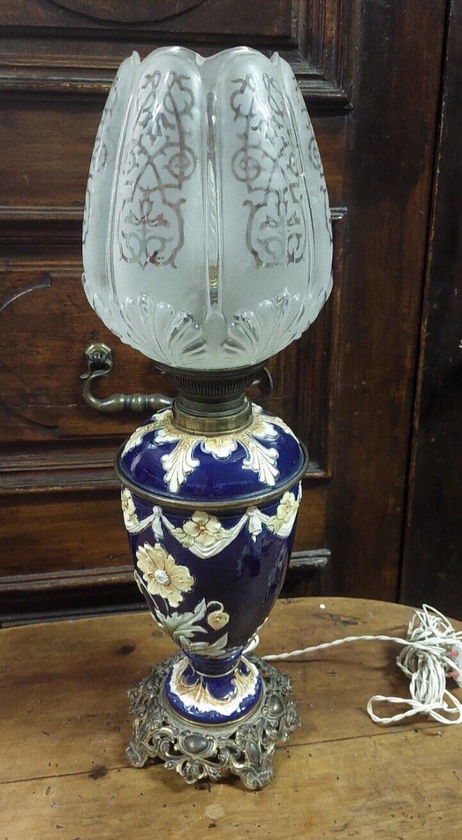 Bellissima Lampada Da Tavolo Funzionte in bronzo Ceramica Vetro Liberty-photo-3